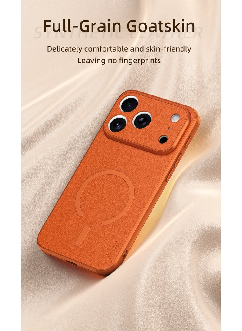 iPhone 17 Pro Max Case, Orange Full-Grain Goatskin, MagSafe Compatible, Ultra-Thin Shockproof Protective  Cover，orange - Image 3