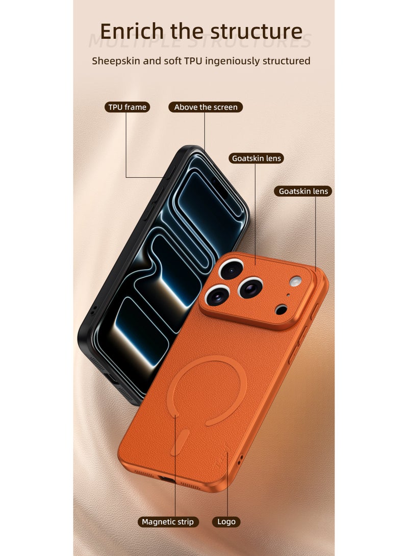 iPhone 17 Pro Max Case, Orange Full-Grain Goatskin, MagSafe Compatible, Ultra-Thin Shockproof Protective  Cover，orange - Image 4