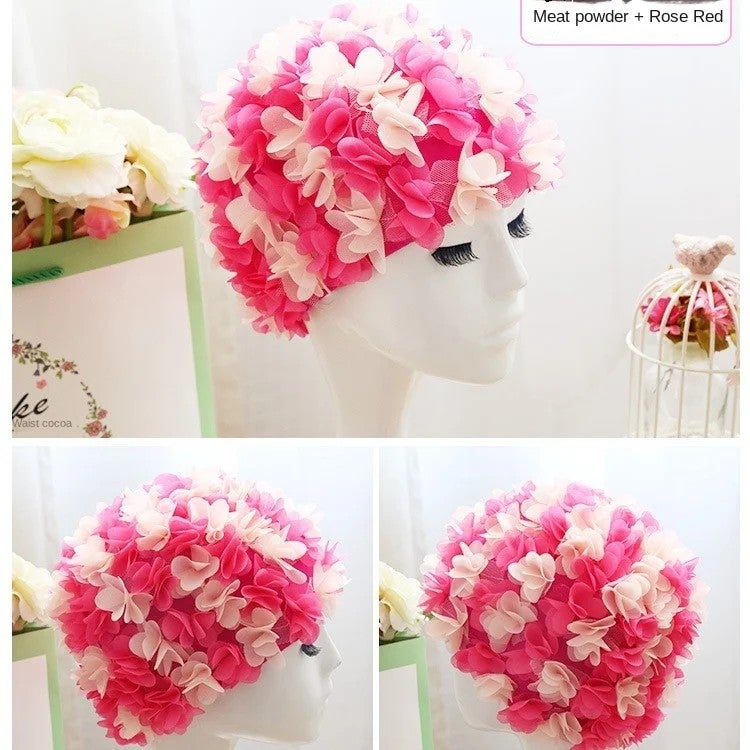 Bluejw Women's Nylon Swimming Cap Three-dimensional Petals Comfortable Elastic Lining Long Hair Flower Design Breathable Swim - Image 3