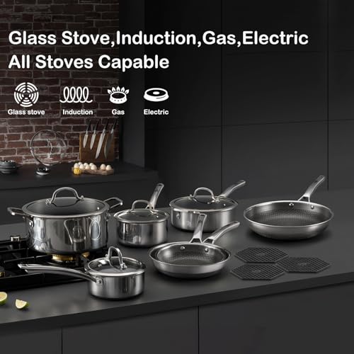 SNOWCLAD Pots and Pans Set Non Stick, 14 Pcs Hybrid Stainless Steel Cookware Sets, Non Stick Frying Pans, Saucepans, Saute Pan & Stock Pot, PFOA Free Kitchen Skillet,Induction Compatible - Image 5