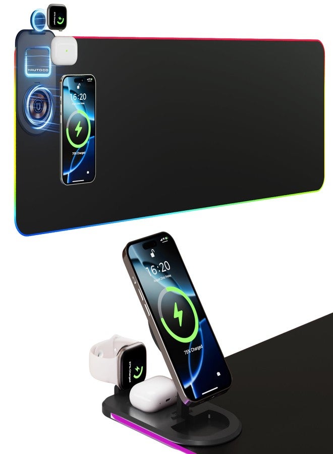 HAUTOCO Wireless Charging Mouse Pad 15W RGB Gaming Mousepad Waterproof Desk Mat with Phone Holder 35.4''x11.8'' Extra Large Desk Pad Non-Slip Base Computer Keyboard Mat for PC Laptop, Black - Image 1