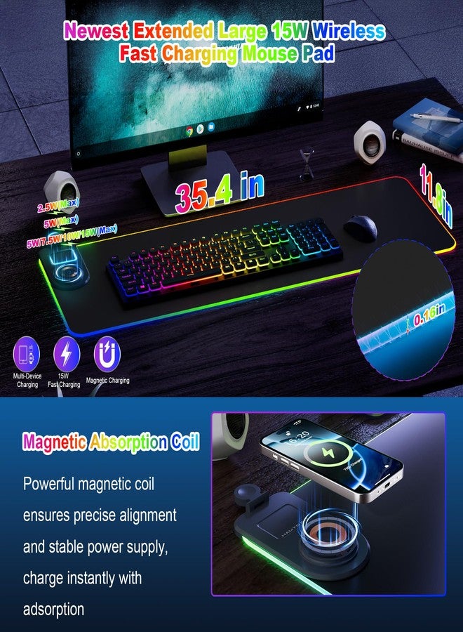 HAUTOCO Wireless Charging Mouse Pad 15W RGB Gaming Mousepad Waterproof Desk Mat with Phone Holder 35.4''x11.8'' Extra Large Desk Pad Non-Slip Base Computer Keyboard Mat for PC Laptop, Black - Image 2
