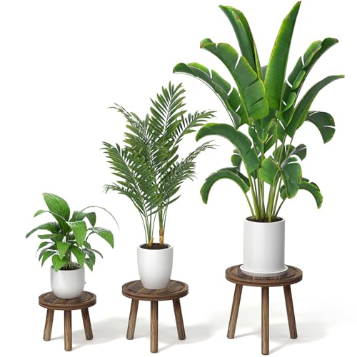 Vecxoty 3-Pack Wood Plant Stands Indoor, Single Plant Stand for 6-12 Inch Pots, Mid-Century Modern Plant Stool, Tall Plant Stand for Large Plants for Living Room, Balcony, Office (Dark Brown) - Image 1