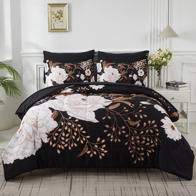 Yogeneg 7 Piece Bed in a Bag King Size Comforter Set Botanical Floral Bedding Set,White Flower Leaves Printed on Black Reversible Design,Soft Microfiber Comforter with Sheet Set,All Season(Black,King) - Image 1