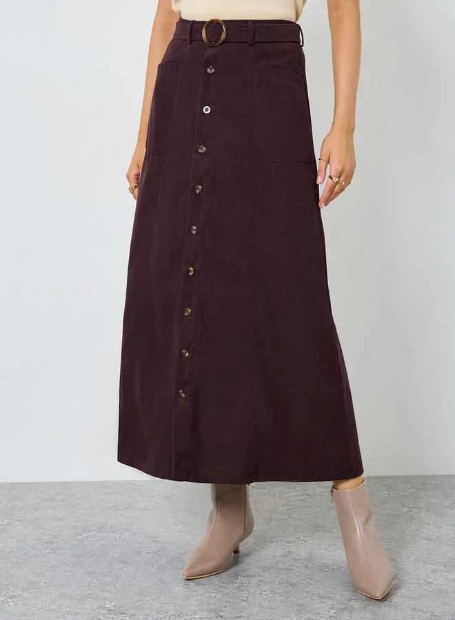 Styli Corduroy Maxi Skirt with Self-Belt