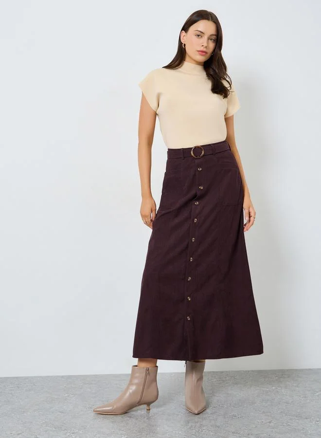 Corduroy Maxi Skirt with Self-Belt
