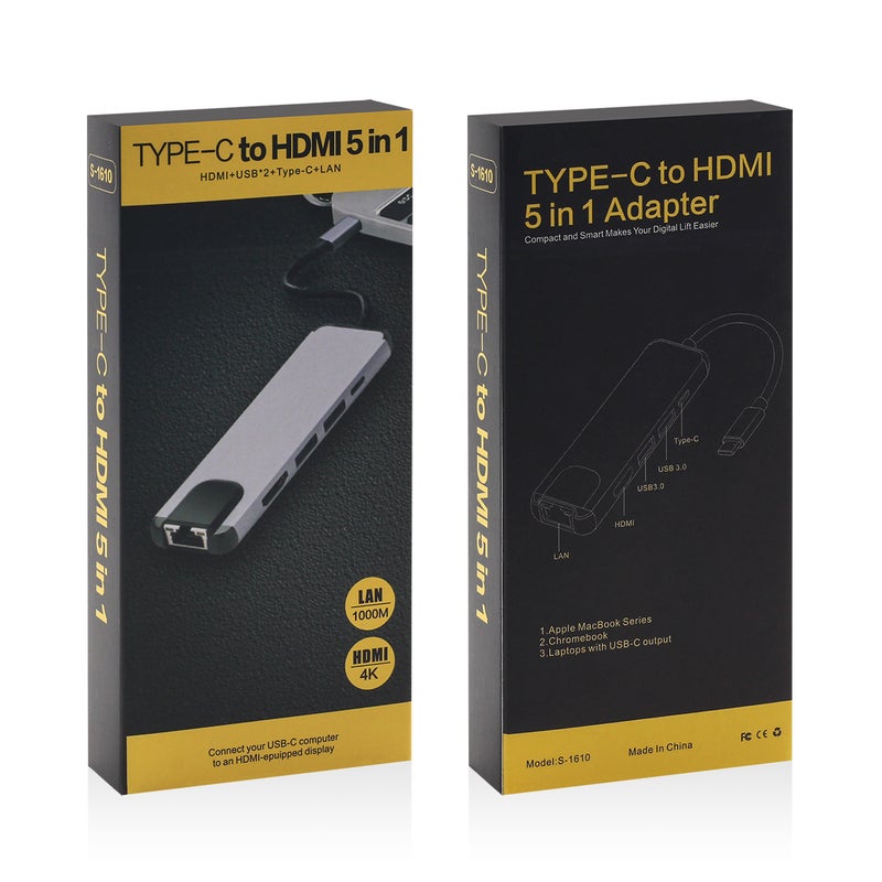 محطة توصيل Type C خمسة في واحد بطاقة شبكية جيجابت متصلة من USB-C إلى HDMI مع محور توسيع USB 3.0 لأجهزة المحمول 5 في 1 رمادي - Image 4