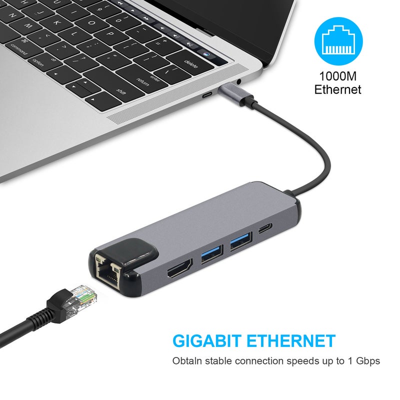 محطة توصيل Type C خمسة في واحد بطاقة شبكية جيجابت متصلة من USB-C إلى HDMI مع محور توسيع USB 3.0 لأجهزة المحمول 5 في 1 رمادي - Image 2