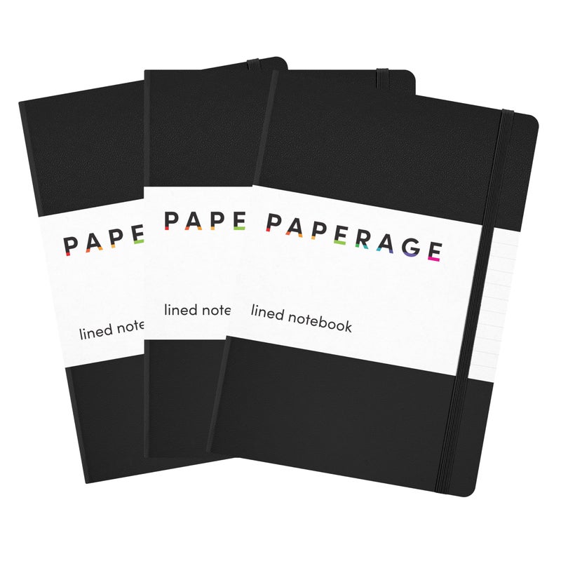 PAPERAGE Lined Journal Notebook, 3 Pack, (Black), 160 Pages, Medium 5.6 in x 8 in - 100 GSM Thick Paper â€“ Hardcover Journaling Notebook for Work, School & Note Taking - Image 1