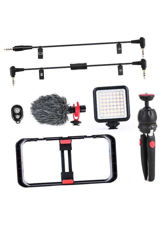 Smartphone Video Rig Kit Including Smartphone Cage with 3 Cold Shoe Mounts + Mini LED Video Lights + Microphone with Shock Mount Wind Screen + Desktop Tripod Stand + Remote Shutter
