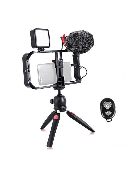 Smartphone Video Rig Kit Including Smartphone Cage with 3 Cold Shoe Mounts + Mini LED Video Lights + Microphone with Shock Mount Wind Screen + Desktop Tripod Stand + Remote Shutter