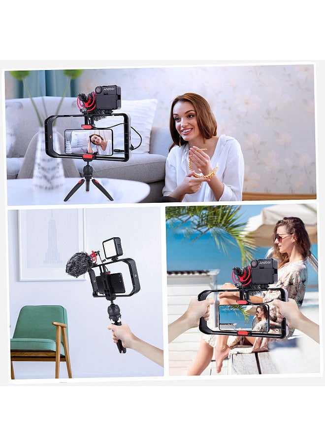 Smartphone Video Rig Kit Including Smartphone Cage with 3 Cold Shoe Mounts + Mini LED Video Lights + Microphone with Shock Mount Wind Screen + Desktop Tripod Stand + Remote Shutter