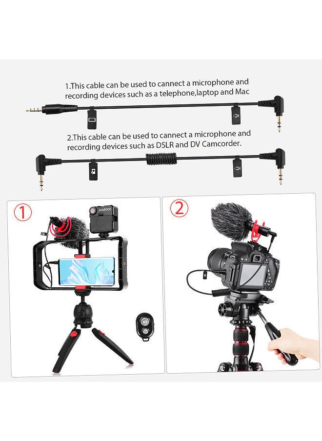 Smartphone Video Rig Kit Including Smartphone Cage with 3 Cold Shoe Mounts + Mini LED Video Lights + Microphone with Shock Mount Wind Screen + Desktop Tripod Stand + Remote Shutter