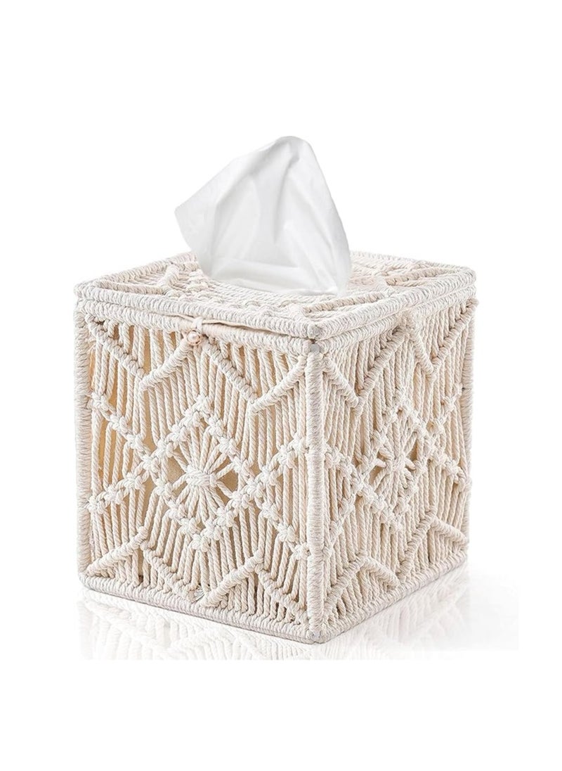 General Lace woven square box, tissue paper organizer, bohemian decoration with bead buckles, home table decoration, dressing table, bathroom decoration, bedroom, living room decoration  - Image 1