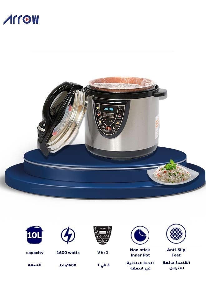 Arrow 10L MINI Electric Pressure Cooker, 1600W | Stainless Steel body | High Quality Golden Pot | Silver Color | Work as a steamer for Mandi and Manto | Model Name: RO-10SEC - Image 1