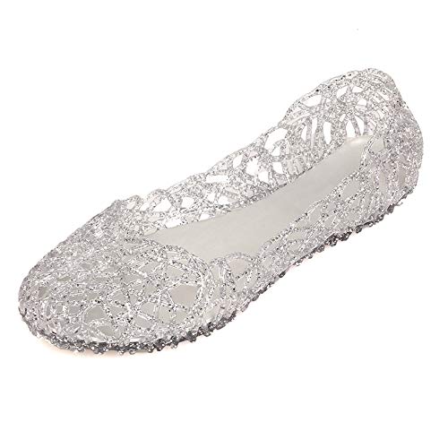 Domucos Womens Sandals Flat Jelly Shoes Slip On Hollow Out Loafers, Silver, 8.5 - Image 1