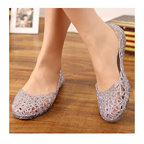 Domucos Womens Sandals Flat Jelly Shoes Slip On Hollow Out Loafers, Silver, 8.5 - Image 4