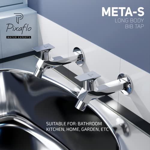 Pixaflo META-S Brass Long Body Bib Cock Tap with Wall Flange, Chrome Finish - Image 3