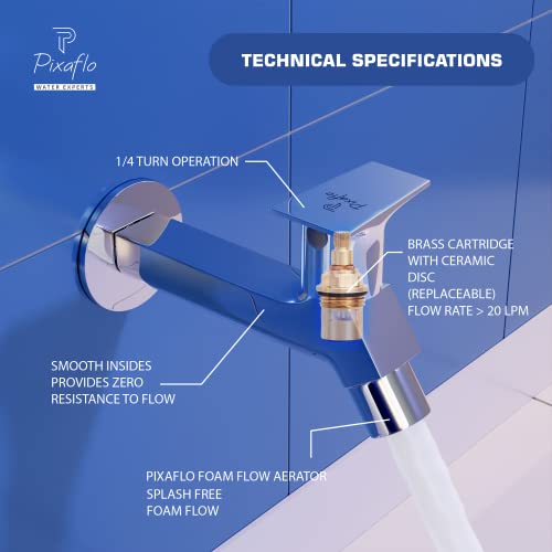 Pixaflo META-S Brass Long Body Bib Cock Tap with Wall Flange, Chrome Finish - Image 2