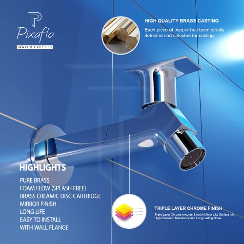 Pixaflo META-S Brass Long Body Bib Cock Tap with Wall Flange, Chrome Finish - Image 4