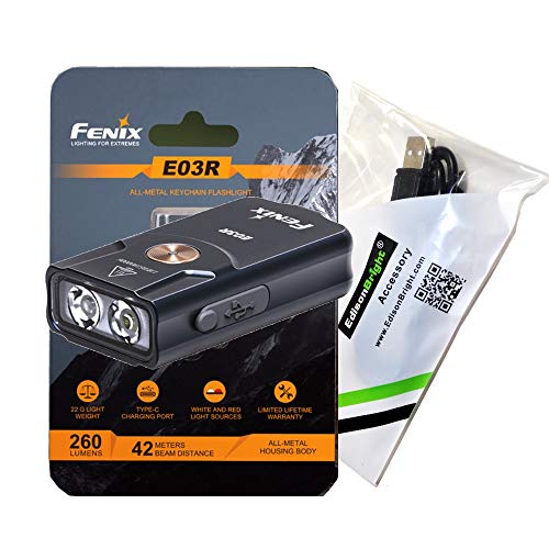 EdisonBright Fenix E03R USB Rechargeable 260 Lumen LED Keychain Flashlight, Brand USB Charging Cable Bundle - Image 1