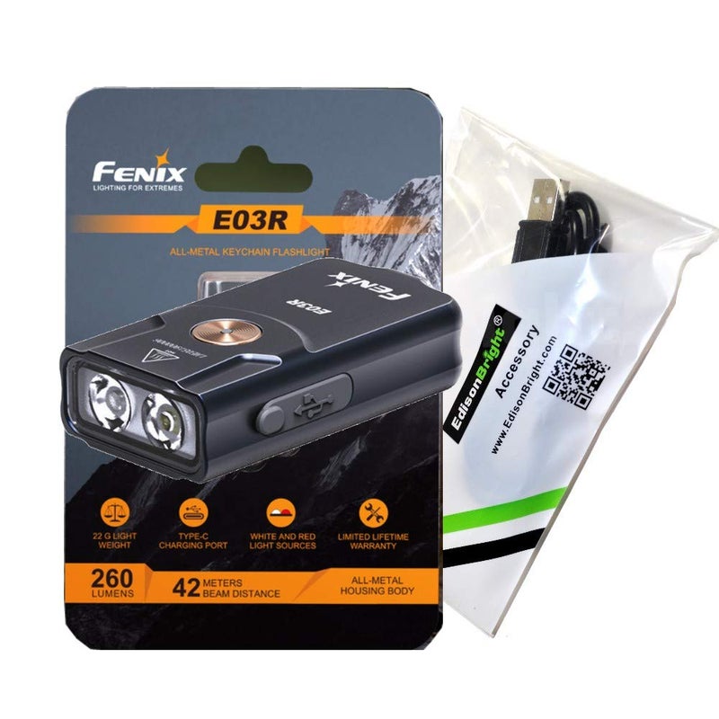 EdisonBright Fenix E03R USB Rechargeable 260 Lumen LED Keychain Flashlight, Brand USB Charging Cable Bundle - Image 5
