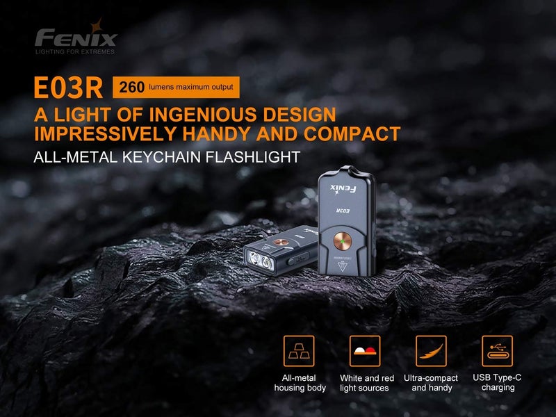 EdisonBright Fenix E03R USB Rechargeable 260 Lumen LED Keychain Flashlight, Brand USB Charging Cable Bundle - Image 2