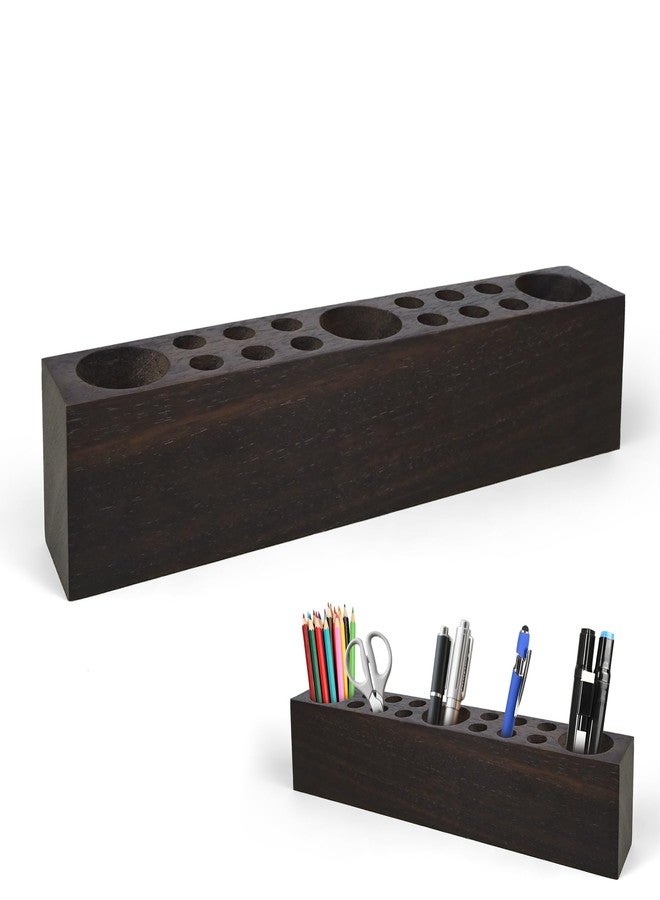 Stuffygreenus Black Walnut Wooden Pencil Box Wood Pen Holder for Desk Walnut Wooden Office Desk Organizers with 15 Holes for Countertop Pencil Makeup Brush Holder for Table Store Marker Office Supplies - Image 1