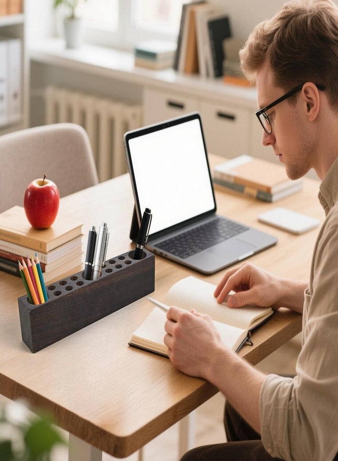 Stuffygreenus Black Walnut Wooden Pencil Box Wood Pen Holder for Desk Walnut Wooden Office Desk Organizers with 15 Holes for Countertop Pencil Makeup Brush Holder for Table Store Marker Office Supplies - Image 5