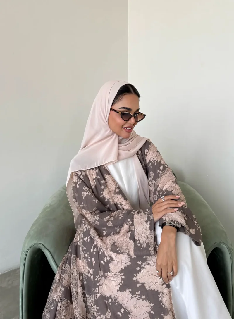 Lusin Abaya Grey Linen Abaya with Beige Lace Detail & Veil