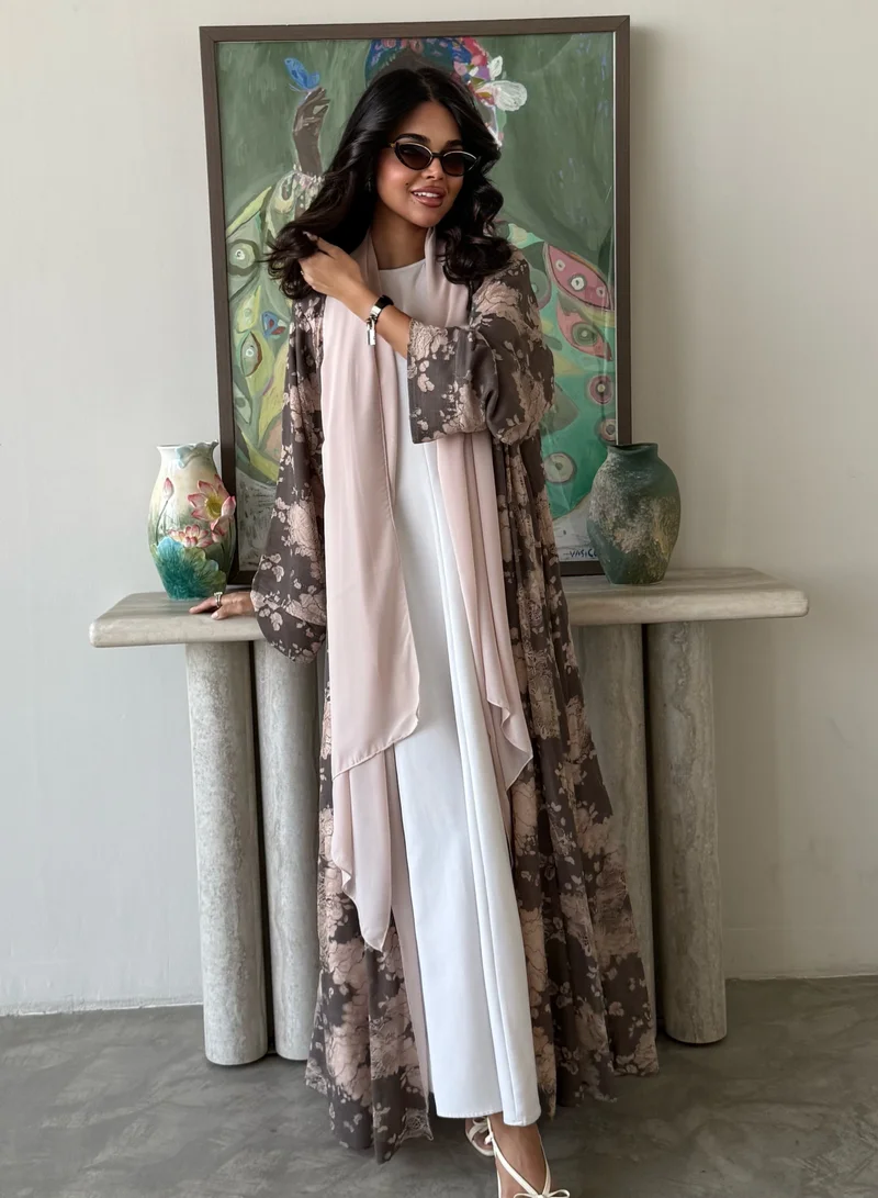 Lusin Abaya Grey Linen Abaya with Beige Lace Detail & Veil