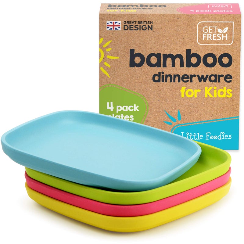 Bamboo Kids Plates 4 Pack Set Stackable Bamboo Dinnerware for Kids Bamboo Fiber Kids Plates Set Dinner Dish Set for Kids and Toddlers Dishwasher Safe and Stackable