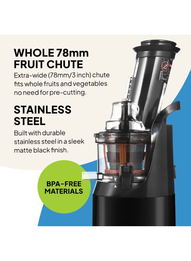 فريدجا عصارة فريجا f1900 بالكبس البارد، عصارة بطيئة بقوة 240 واط، بفتحة تغذية واسعة 78 ملم (3 بوصات) خالية من مادة BPA، هيكل من الستانلس ستيل الأسود، مناسبة للعصائر، حليب المكسرات النباتي، السوربيه، والآيس كريم، سهلة التنظيف - Image 4