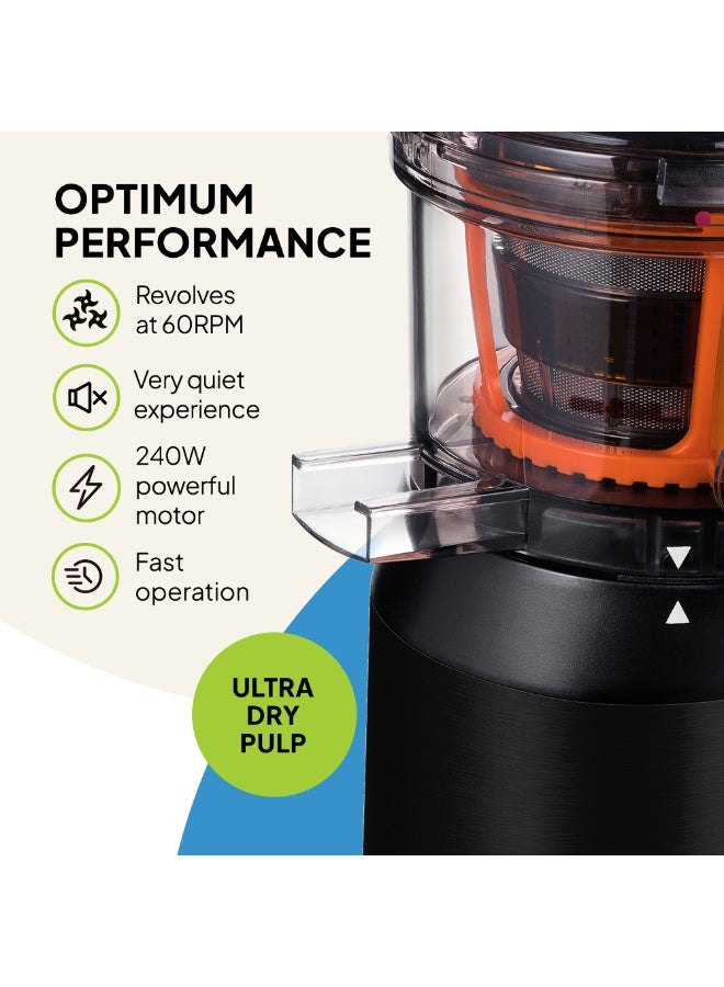 فريدجا عصارة فريجا f1900 بالكبس البارد، عصارة بطيئة بقوة 240 واط، بفتحة تغذية واسعة 78 ملم (3 بوصات) خالية من مادة BPA، هيكل من الستانلس ستيل الأسود، مناسبة للعصائر، حليب المكسرات النباتي، السوربيه، والآيس كريم، سهلة التنظيف - Image 5