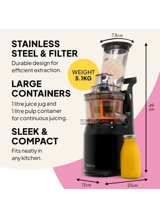 فريدجا عصارة فريجا f1900 بالكبس البارد، عصارة بطيئة بقوة 240 واط، بفتحة تغذية واسعة 78 ملم (3 بوصات) خالية من مادة BPA، هيكل من الستانلس ستيل الأسود، مناسبة للعصائر، حليب المكسرات النباتي، السوربيه، والآيس كريم، سهلة التنظيف - Image 3