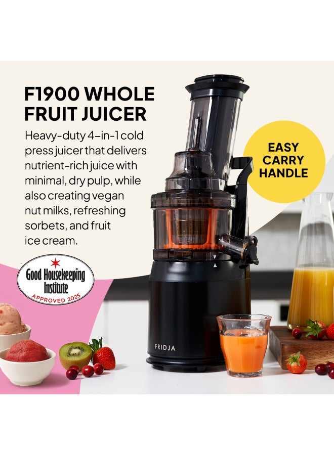 فريدجا عصارة فريجا f1900 بالكبس البارد، عصارة بطيئة بقوة 240 واط، بفتحة تغذية واسعة 78 ملم (3 بوصات) خالية من مادة BPA، هيكل من الستانلس ستيل الأسود، مناسبة للعصائر، حليب المكسرات النباتي، السوربيه، والآيس كريم، سهلة التنظيف - Image 2