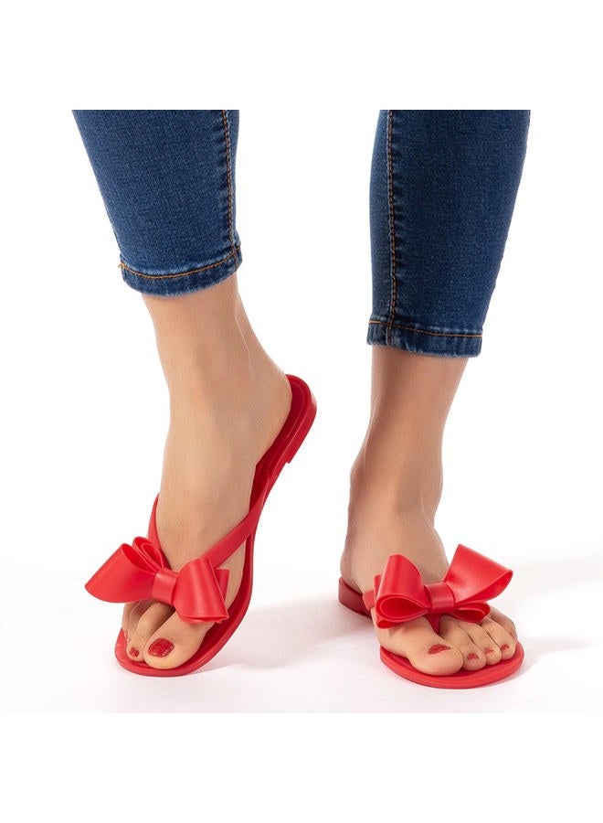 Mtzyoa Women Flip-Flops Flat Sandals Jelly Bow Beach Flat Rivets Rain Cute Dressy Summer Sandals, Red, 9 - Image 2