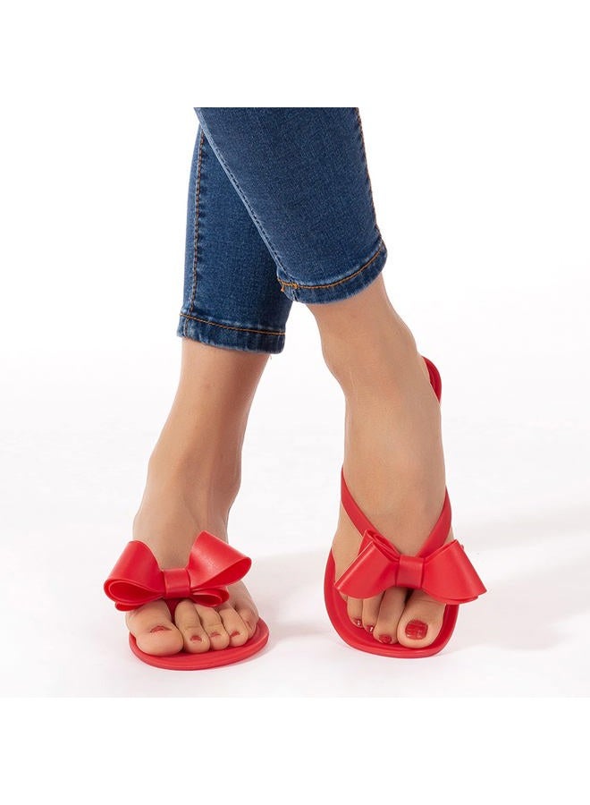Mtzyoa Women Flip-Flops Flat Sandals Jelly Bow Beach Flat Rivets Rain Cute Dressy Summer Sandals, Red, 9 - Image 5