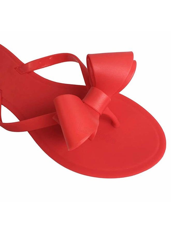 Mtzyoa Women Flip-Flops Flat Sandals Jelly Bow Beach Flat Rivets Rain Cute Dressy Summer Sandals, Red, 9 - Image 4
