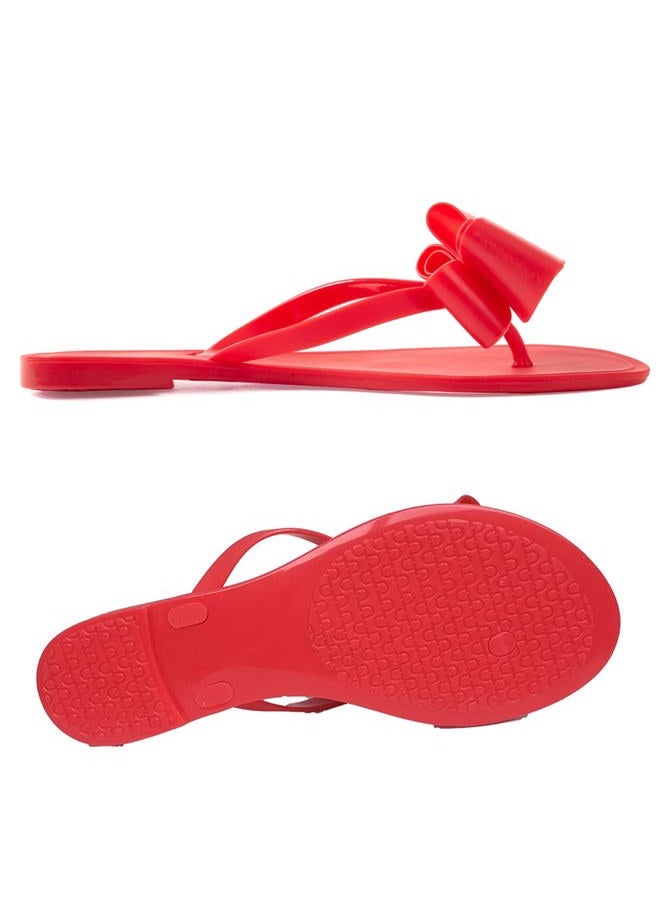 Mtzyoa Women Flip-Flops Flat Sandals Jelly Bow Beach Flat Rivets Rain Cute Dressy Summer Sandals, Red, 9 - Image 3