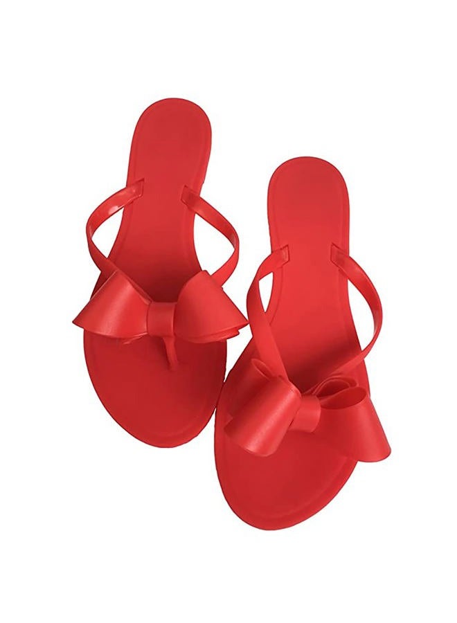 Mtzyoa Women Flip-Flops Flat Sandals Jelly Bow Beach Flat Rivets Rain Cute Dressy Summer Sandals, Red, 9 - Image 1