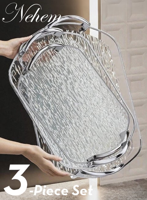 3 PCS Clear Serving Tray, With Polished Metal Handles, Serving Plate, Wavy Pattern Clear Tray, Spill-Proof Tray, Decorative Serving Tray for Coffee Table, Tea, Storage
