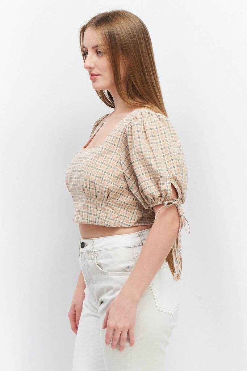 Fashion Union بلوزة نسائية بأكمام قصيرة وياقة مربعة بنمط نافذة، خوخي - Image 4