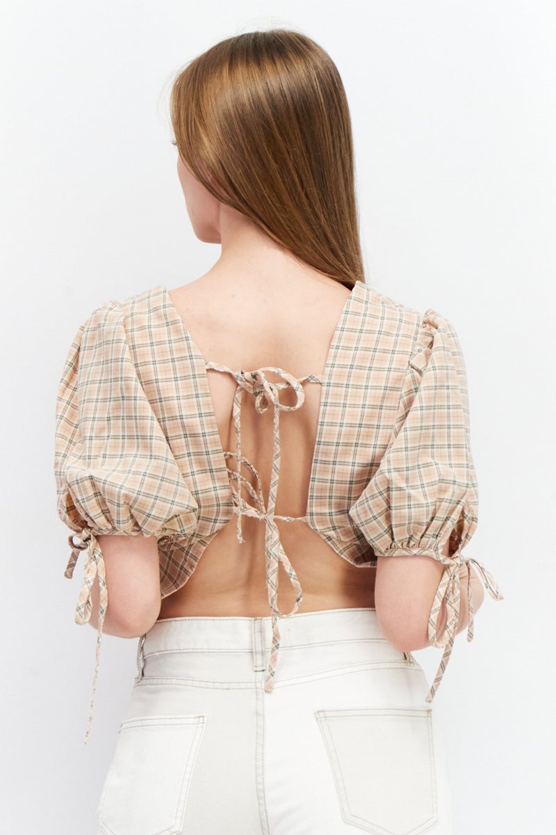 Fashion Union بلوزة نسائية بأكمام قصيرة وياقة مربعة بنمط نافذة، خوخي - Image 2