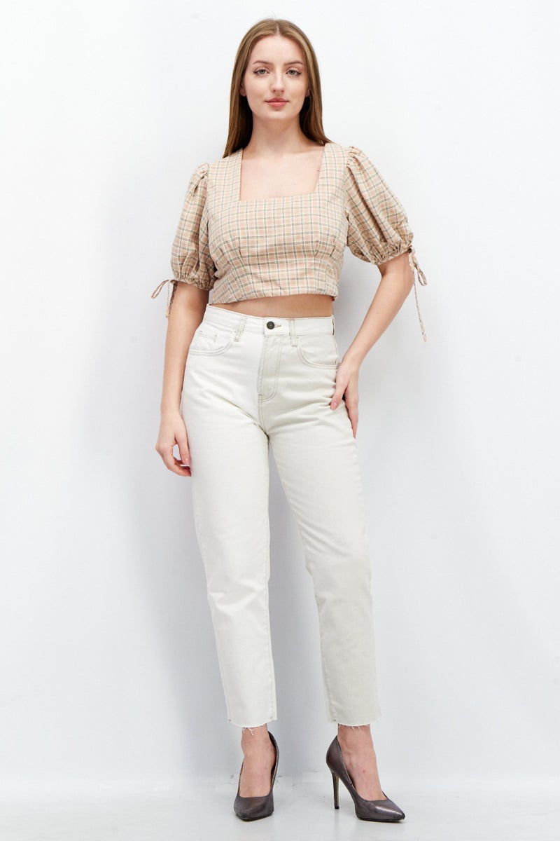 Fashion Union بلوزة نسائية بأكمام قصيرة وياقة مربعة بنمط نافذة، خوخي - Image 3