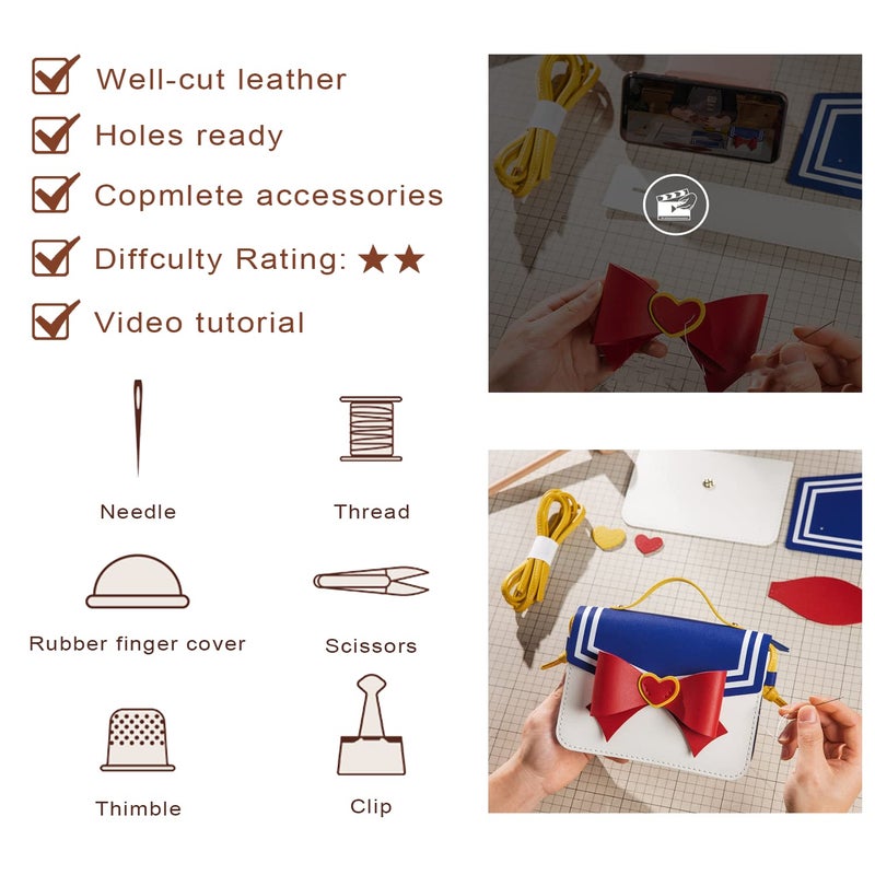POPSEWING Leather Anime Messenger Bag Making Kit, Anime Sailor Cosplay Bowknot Shoulder Bag DIY Kit, Kawaii Purse & Handbag for Girl, Accessories Bag Making Kits for Women(Semi-Finished) - Image 5