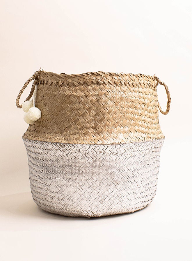 Y&D Paint Dipped Seagrass Hand-Woven Storage Basket With Pompom Detail Silver/Beige - Image 1