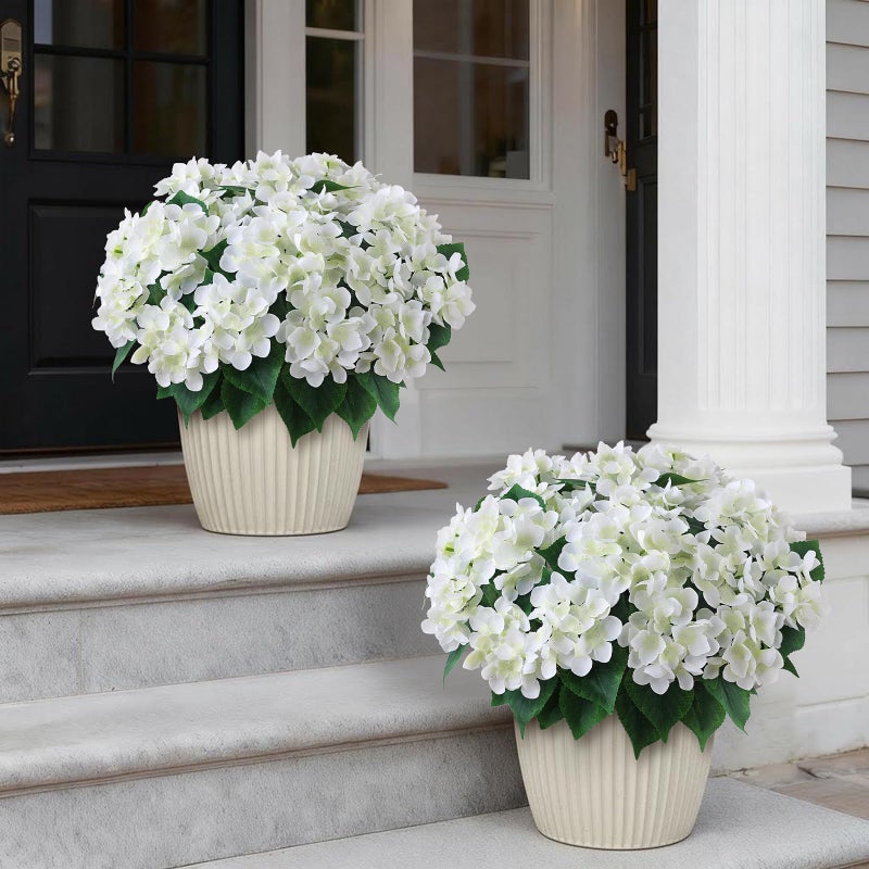 FOTEEWL 8 Bundles Artificial Hydrangea Flowers for Outdoor Decor, Realistic Faux Silk Bouquets Sun-Resistant Fake Plants for Front Door Balcony Farmhouse Garden Home Spring Summer Decor (White) - Image 2