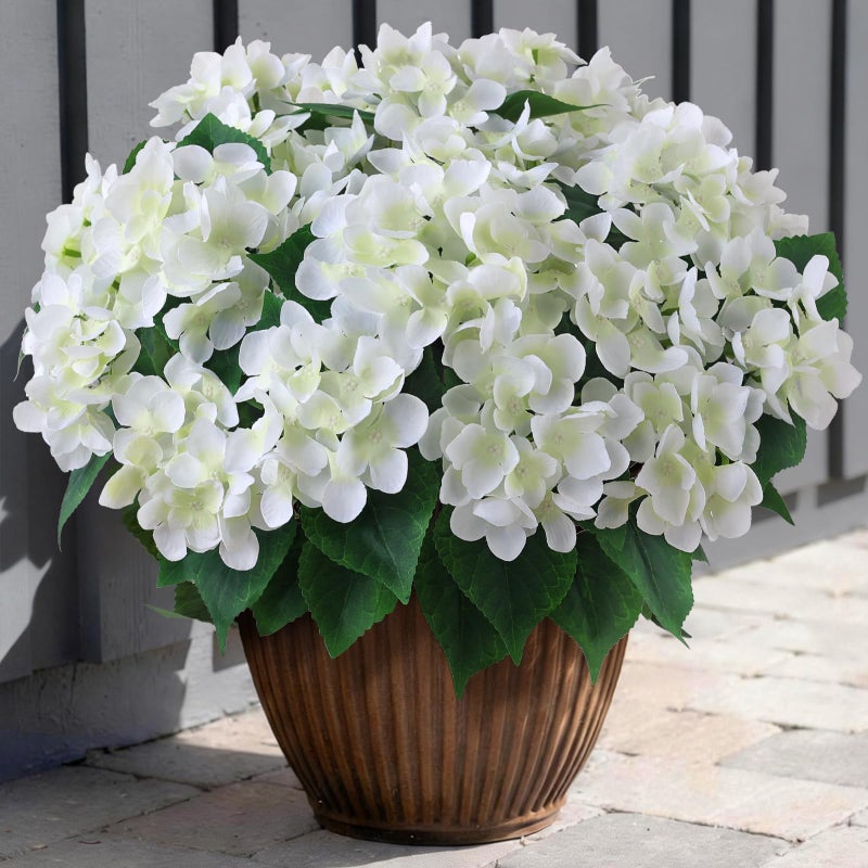 FOTEEWL 8 Bundles Artificial Hydrangea Flowers for Outdoor Decor, Realistic Faux Silk Bouquets Sun-Resistant Fake Plants for Front Door Balcony Farmhouse Garden Home Spring Summer Decor (White) - Image 1