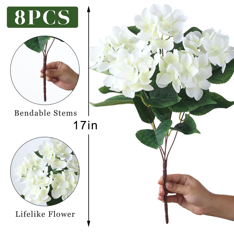FOTEEWL 8 Bundles Artificial Hydrangea Flowers for Outdoor Decor, Realistic Faux Silk Bouquets Sun-Resistant Fake Plants for Front Door Balcony Farmhouse Garden Home Spring Summer Decor (White) - Image 5